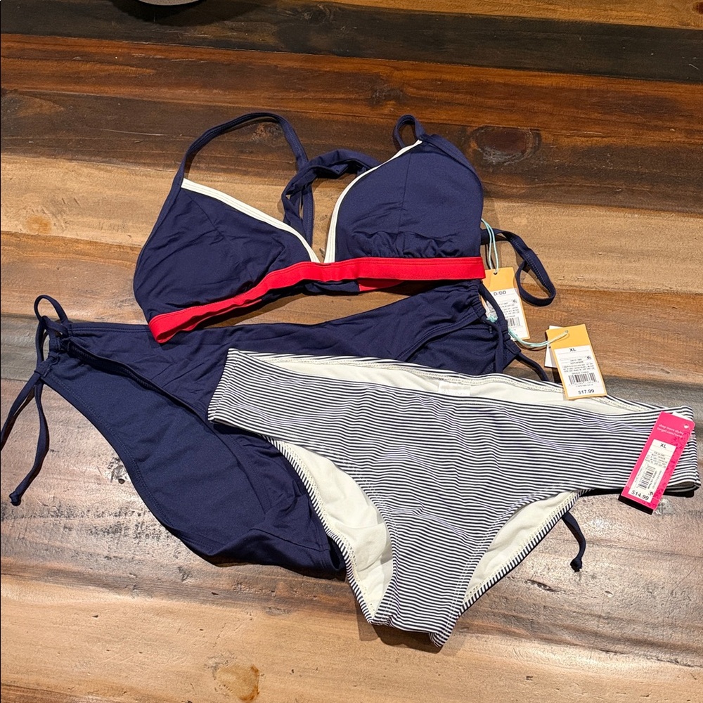 Kona Sol Navy & Red Two-Piece Bikini with Striped Bottoms